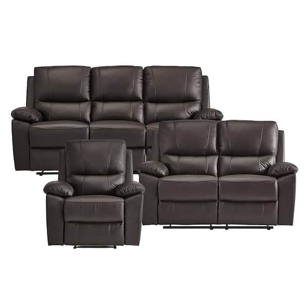 Orina 78 in. W Pillow Top Arm Faux Leather Rectangle 3-Piece Manual Reclining Sofa Set in Brown