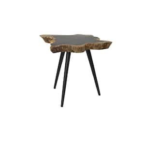 21 in. Brown Handmade Live Edge Top Medium Round Wood End Accent Table with Black Metal Tripod Legs