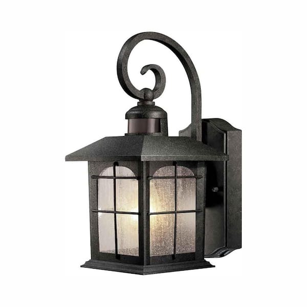 Home Decorators Collection Brimfield Motion-Sensing 14.2 in. Aged Iron 1-Light Outdoor Line Voltage Wall Sconce with No Bulb Included