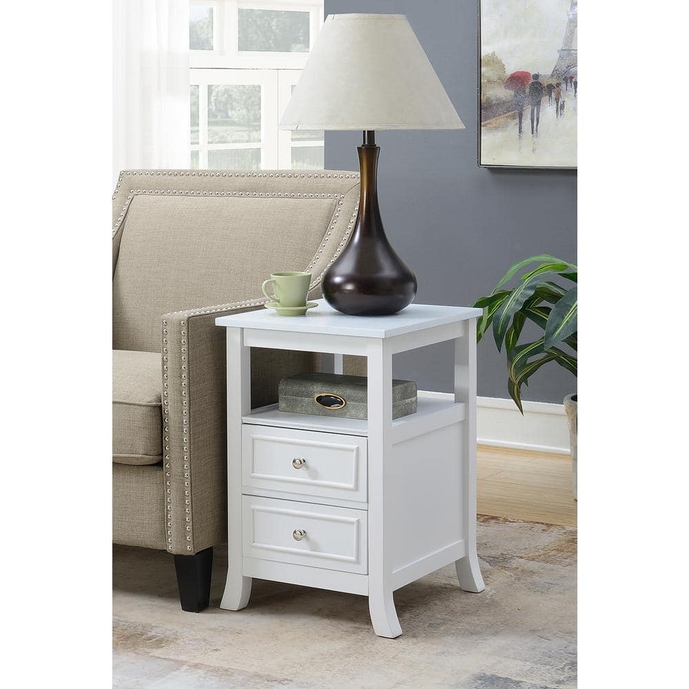 White Wood End Table with Storage Drawers and Shelf