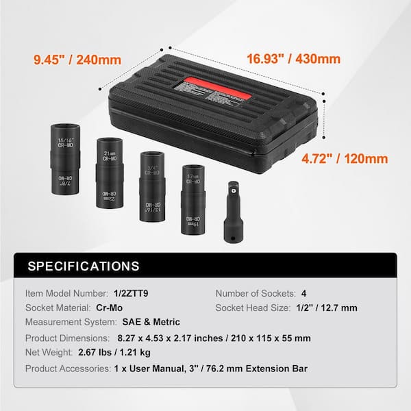 SKYSHALO Lug Nut Impact Socket Set, 1/2 in. Drive Metric and SAE 6