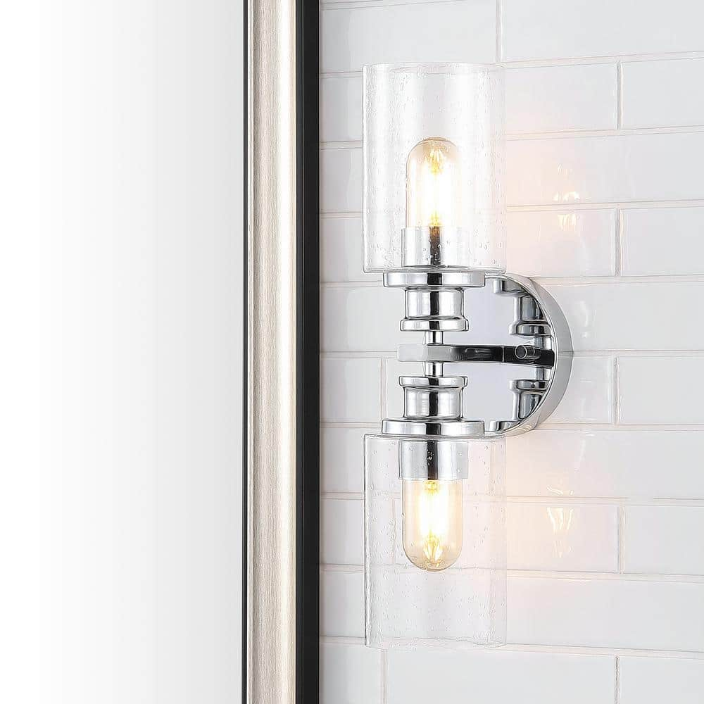 JONATHAN Y Jules Edison 16.5 in. 2-Light Chrome Cylinder Iron/Seeded Glass Farmhouse Contemporary LED Vanity Light