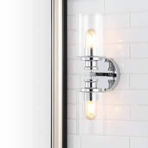 Jules Edison 16.5 in. 2-Light Chrome Cylinder Iron/Seeded Glass Farmhouse Contemporary LED Vanity Light