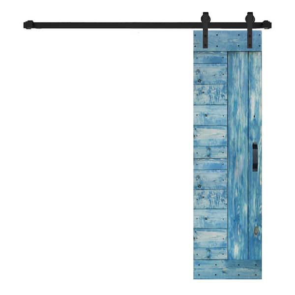 ISLIFE L Series 24 in. x 84 in. Worn Navy Finished Solid Wood Sliding Barn Door with Hardware Kit - Assembly Needed