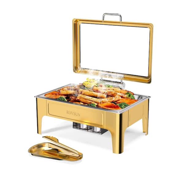 9 qt. Gold Rectangular Chafing Dishes with Glass Lid and Serving Tong