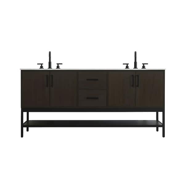 72 in. Double Sink Mocha Brown Bath Vanity with White Engineered Marble Top