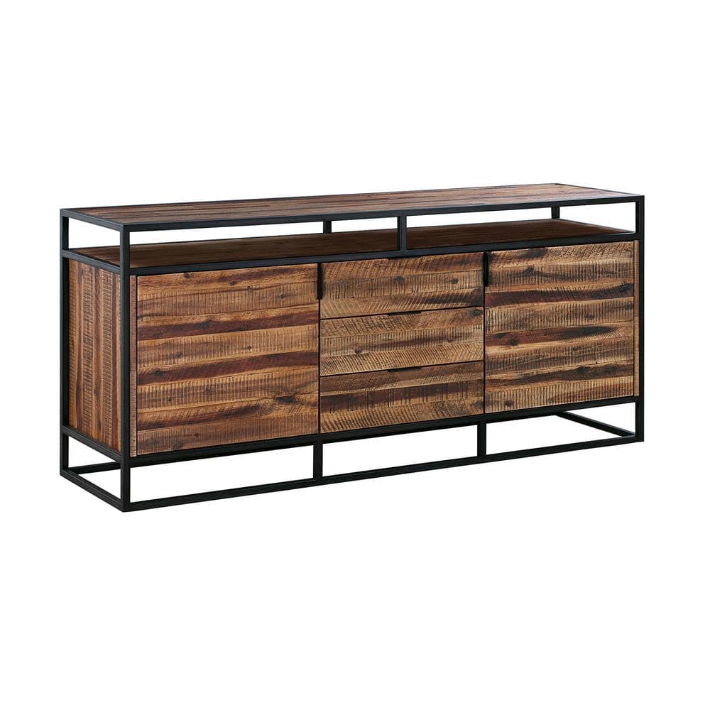 Ludgate Minimalist Acacia Wood & Black Metal 3-Drawer Sideboard Buffet