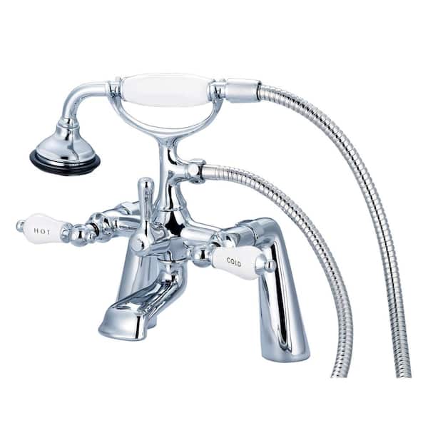Water Creation 3-Handle Claw Foot Tub Faucet with Labeled Porcelain Lever Handles and Handshower in Triple Plated Chrome