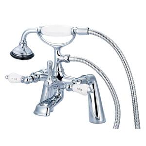 3-Handle Claw Foot Tub Faucet with Labeled Porcelain Lever Handles and Handshower in Triple Plated Chrome