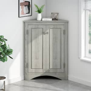 Oak Finish Triangle Accent Cabinet with Adjustable Shelves Floor Storage Corner Cabinet for Bathroom Home Office Kitchen