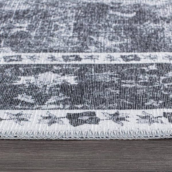 Black 7 ft. 7 in. x 9 ft. 6 in. Traditional Distressed Medallion Machine Washable Area Rug