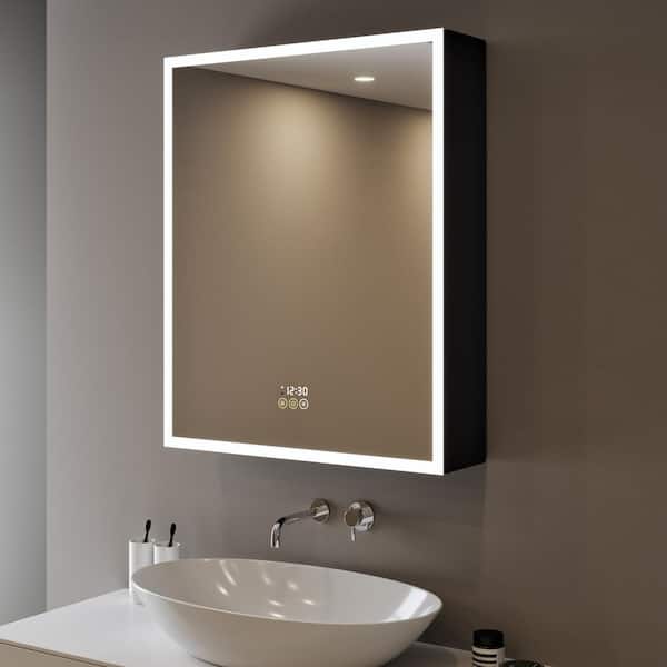 HBEZON Flora 20 in. W x 28 in. H Rectangular Aluminum LED Dimmable Medicine Cabinet with Mirror, Interior Lighting, Right Hinge
