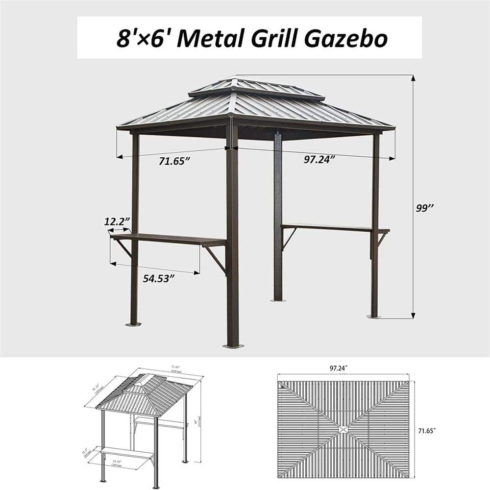 Mondawe Grill Gazebo 8' × 6', Aluminum BBQ Gazebo Outdoor Metal Frame with Shelves Serving Tables, Permanent Double Roof Hard top Gazebos for Patio Lawn Deck Backyard and Garden (Brown)