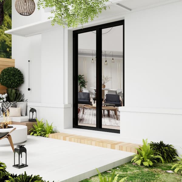 72 in. x 80 in. Left Swing/OutSwing Double Tempered Glass Black Aluminum Folding Patio Door (2-Folding)