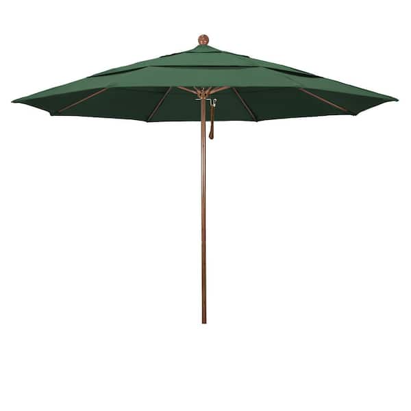 California Umbrella 11 ft. Woodgrain Aluminum Commercial Market Patio Umbrella Fiberglass Ribs and Pulley Lift in Hunter Green Olefin