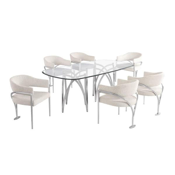Best Quality Furniture Amelia 7-Piece Clear Tempered Glass Top Chrome Plated Base Dining Set with 6 Cream Color Chairs