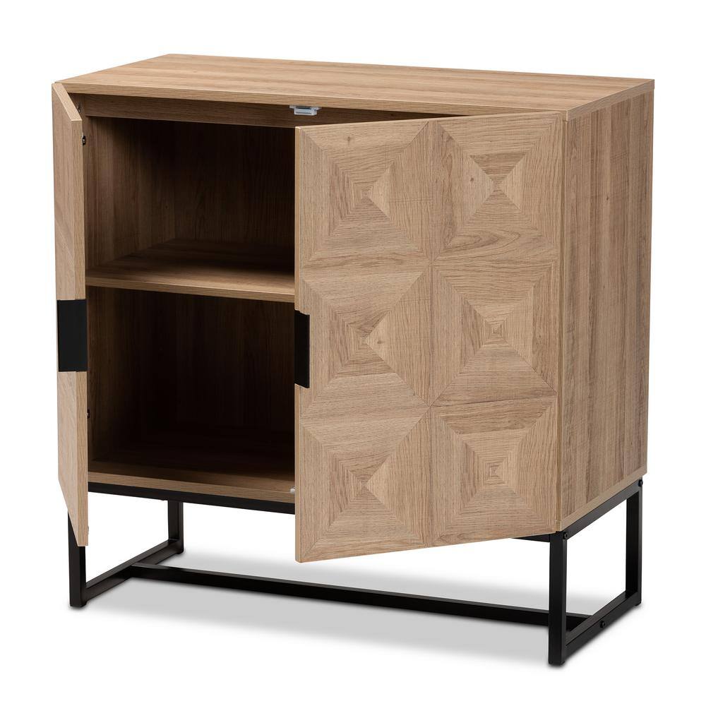 Darien Natural Brown Wood and Black Metal Geometric Accent Cabinet