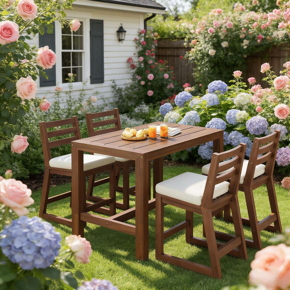 5-Piece Mocha Wood Outdoor Serving Bar Set with Beige Cushions for Poolside Balcony, Backyard price history on PriceWatchPro
