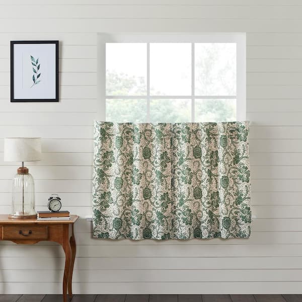 VHC BRANDS Dorset 36 in. W x 36 in. L Vintage Floral Light Filtering Tier Window Panel in Green Creme Pair