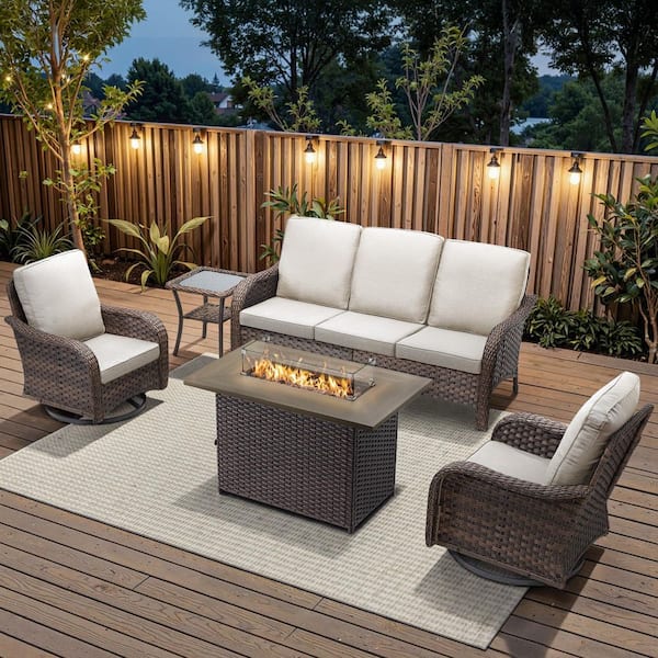 5-Piece Wicker Patio Conversation Set Propane Fire Pit Table for Garden with Beige Cushions and Side Table