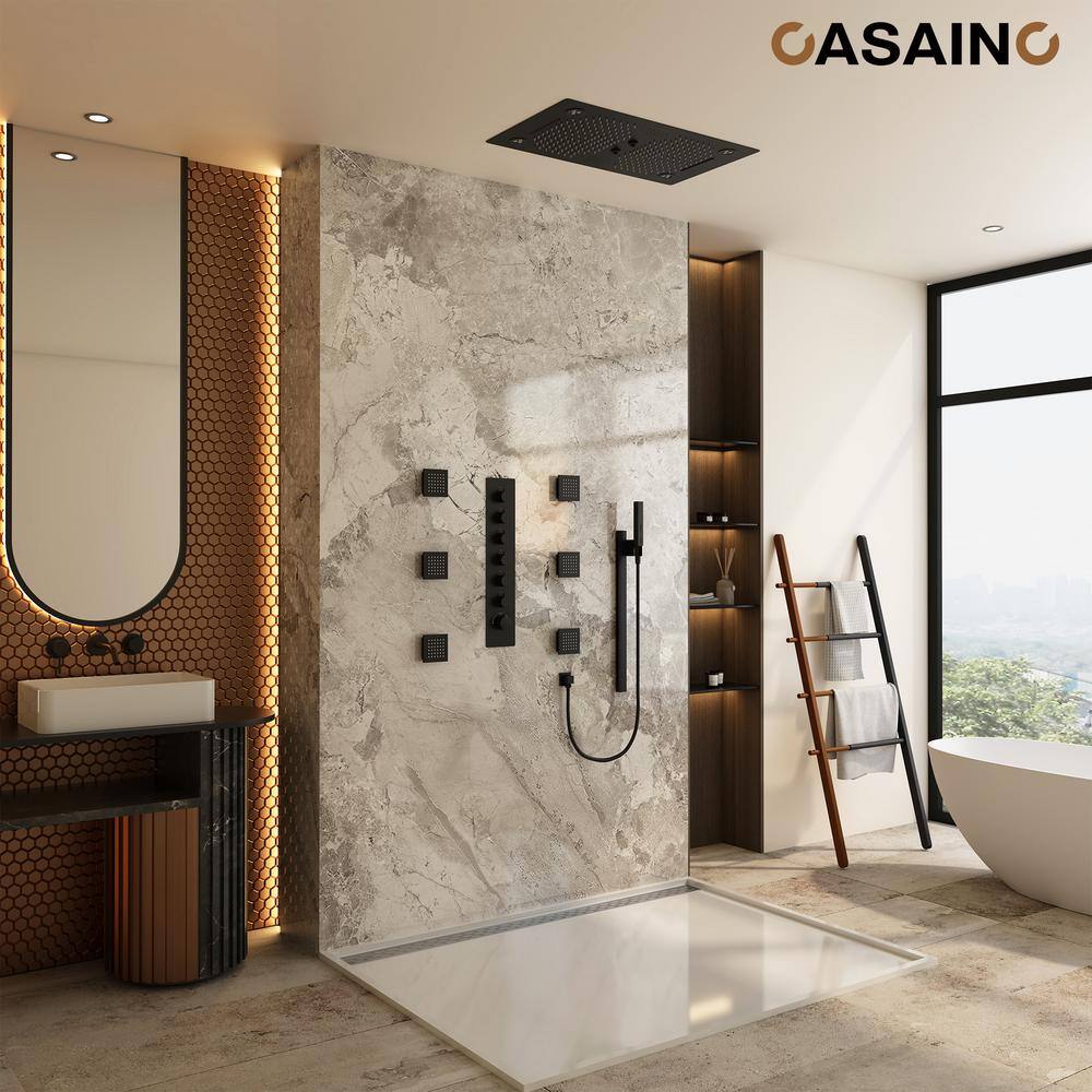 Matte Black Stainless Steel Ceiling-Mounted LED Shower System