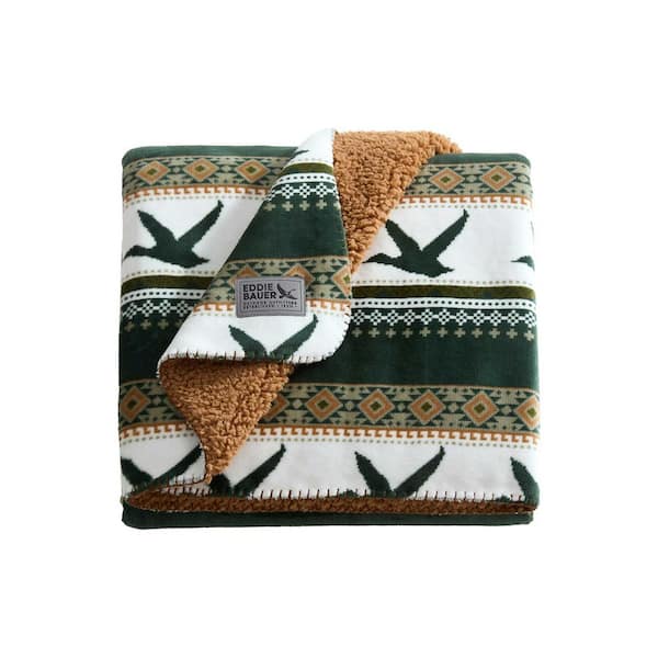 Goose Sweater Reversible 1-Piece Evergreen/Dune Plush Sherpa 50 x 70 Throw Blanket