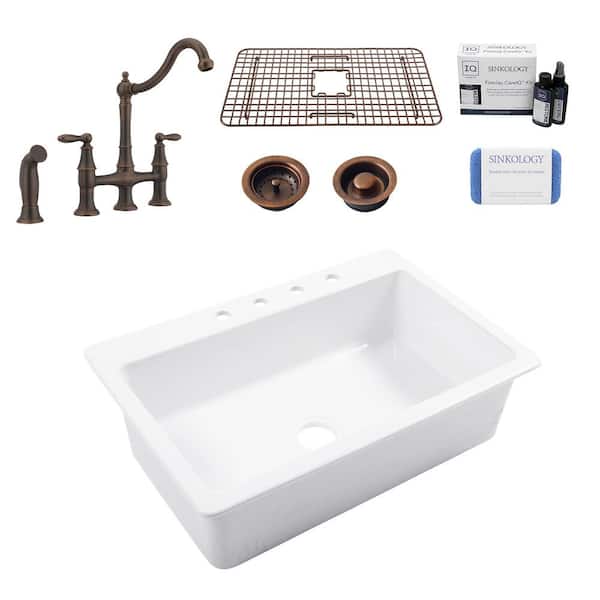 SINKOLOGY Jackson 33 in. 4-Hole Drop-in Single Bowl Crisp White Fireclay Kitchen Sink with Courant Bridge Faucet (Bronze) Kit