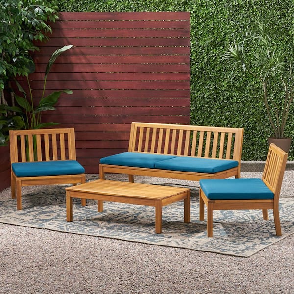 Noble House Caswell Teak Brown 4-Piece Wood Outdoor Patio Conversation Seating Set with Dark Teal Cushions