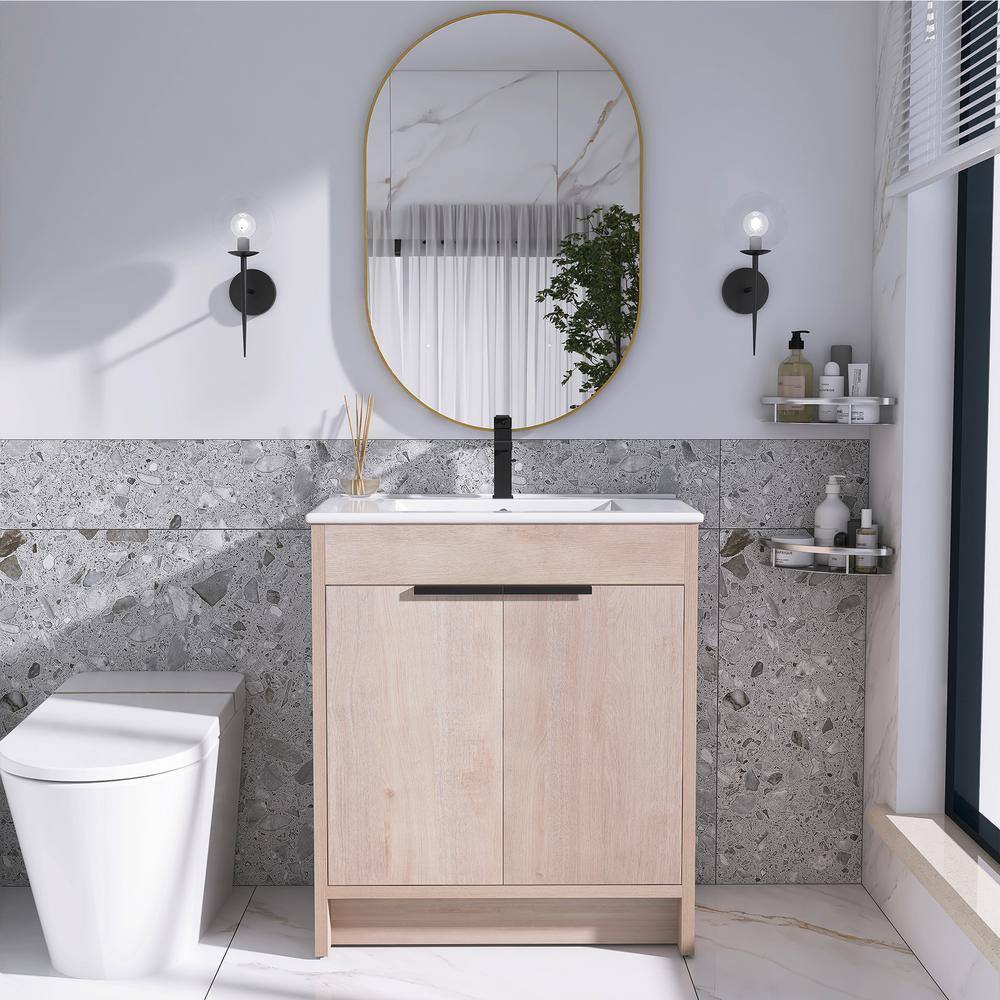 Freestanding Light Oak Plywood Bathroom Vanity with White Ceramic Sink