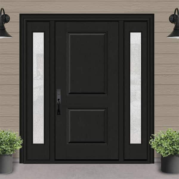 Regency 68 in. x 80 in. 2P Squaretop RHIS Onyx Stain Mahogany Fiberglass Prehung Front Door with Rain 14 in. SLs 4-9/16