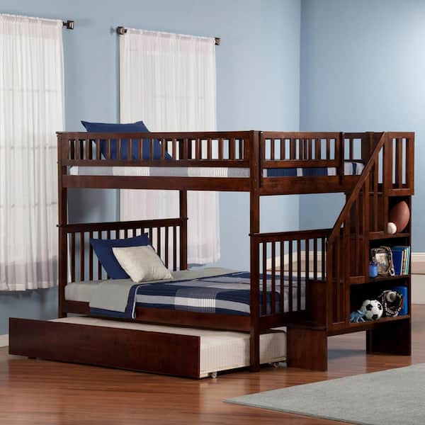 AFI Woodland Staircase Bunk Bed Full over Full with Full Size Urban Trundle Bed in Walnut