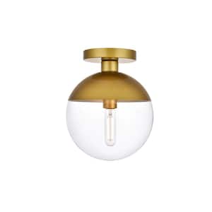 Timless Home 10 in. 1-Light Midcentury Modern Brass and Clear Flush Mount with No Bulbs Included