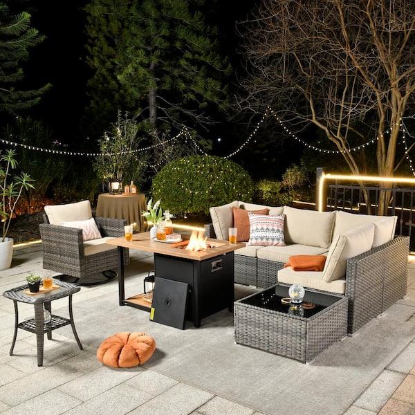 Toject Sanibel Gray 8-Piece Wicker Patio Conversation Sofa Set with a Swivel Chair, a Storage Fire Pit and Beige Cushions