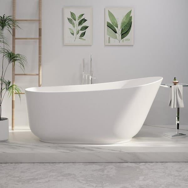 INSTER 59 in. x 30 in. Single Slipper Freestanding Soaking Bathtub in White Solid Surface