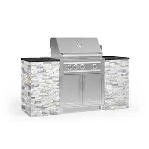 Outdoor Kitchen SS 145.16 in. L x 25.5 in. D x 57.64 in. H 11-Piece Cabinet Set in Silver Travertine Stone (NG)