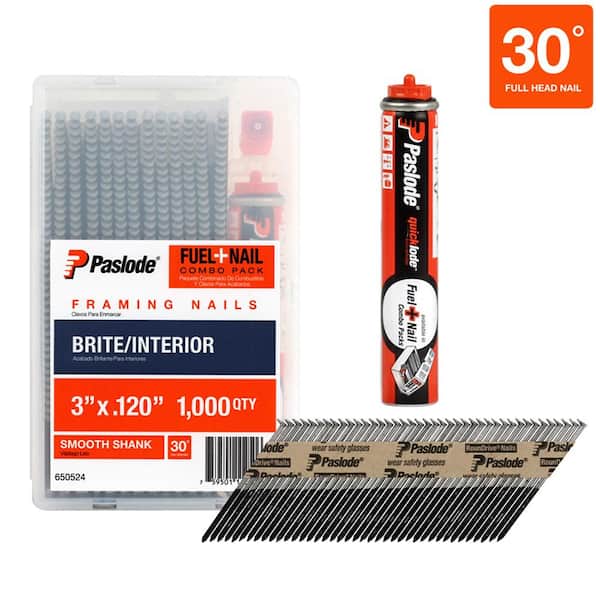 Paslode 3 in. x 0.120-Gauge Brite Smooth Shank FUEL + NAIL Pack (1,000 Nails + 1 Fuel Cell)