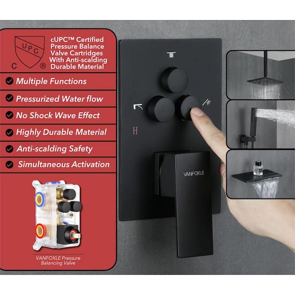 Single Handle 3-Spray Patterns Shower 10 in. Square Ceiling Mounted Shower 1.8 GPM with Pressure Balance in Matte Black