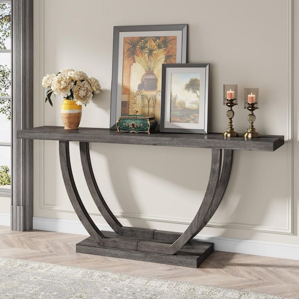 BYBLIGHT Turrella 63 in. Gray Rectangle Wood Console Table, Narrow Long Foyer Sofa Table with Geometric Metal Base for Hallway