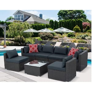 7-Piece Hand Woven Wicker Outdoor Sectional Sofa Set with Dark Gray Cushions and Coffee Table for Garden, Gathering