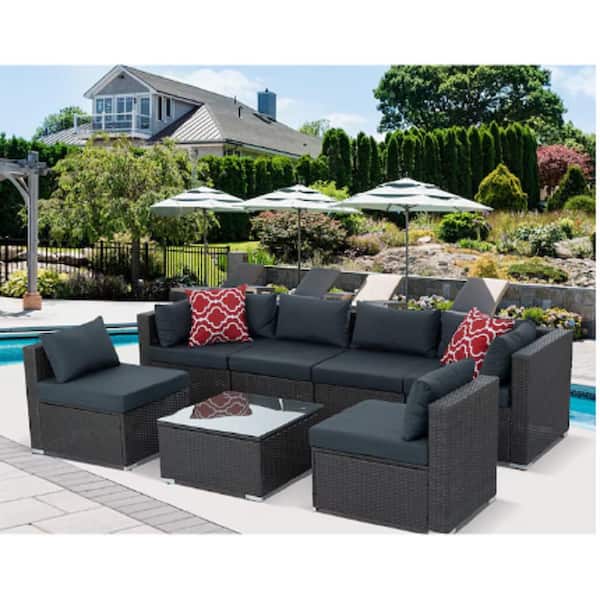 Unbranded 7-Piece Hand Woven Wicker Outdoor Sectional Sofa Set with Dark Gray Cushions and Coffee Table for Garden, Gathering