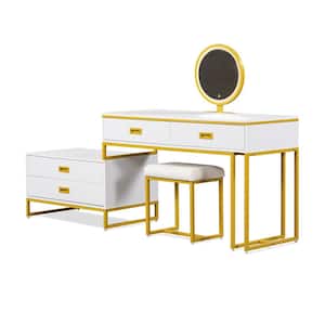 White Makeup Vanity Set with Mirror, Movable Side Cabinet, Stool, 4-Drawers, Golden Metal Handles and Legs