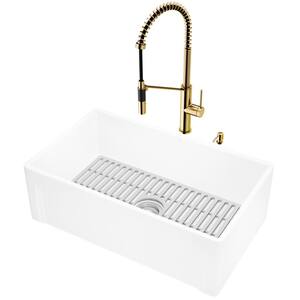 Matte Stone White Composite 30 in. Single Bowl Farmhouse Apron-Front Kitchen Sink with Faucet in Gold and Accessories