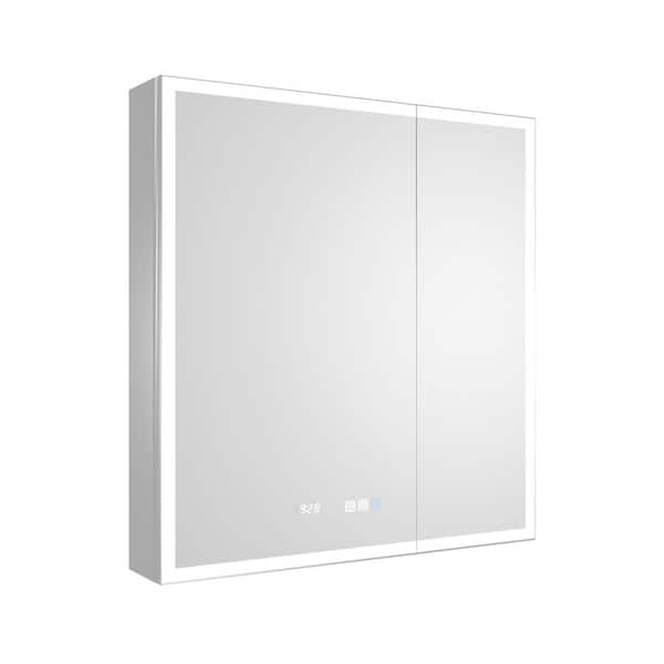 30 in. W x 32 in. H Rectangular Silver Aluminum Recessed or Surface Mount Medicine Cabinet with Mirror LED