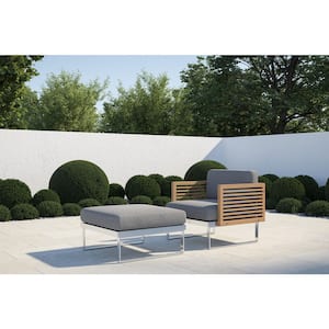 Monterey 2 Piece Aluminum Teak Outdoor Patio Chat Chair and Ottoman Set with Cast Silver Cushions