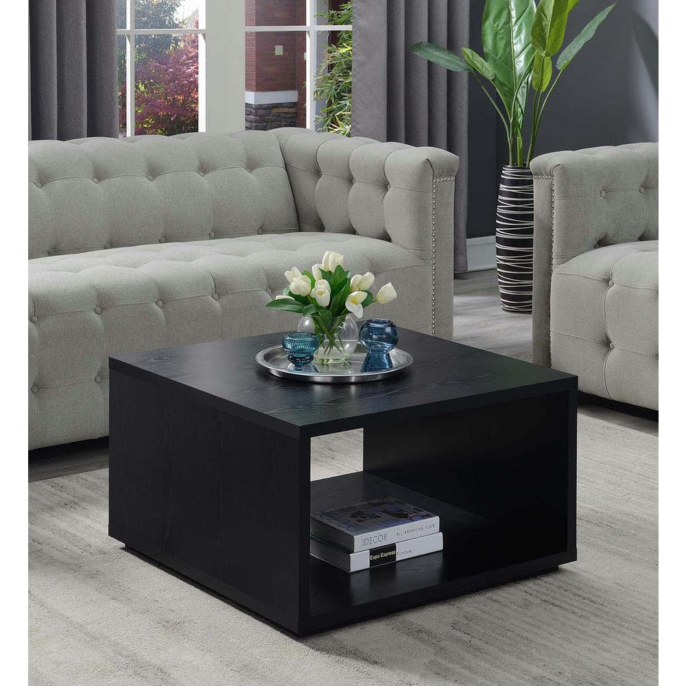 Modern Square Black Coffee Table with Storage Shelf