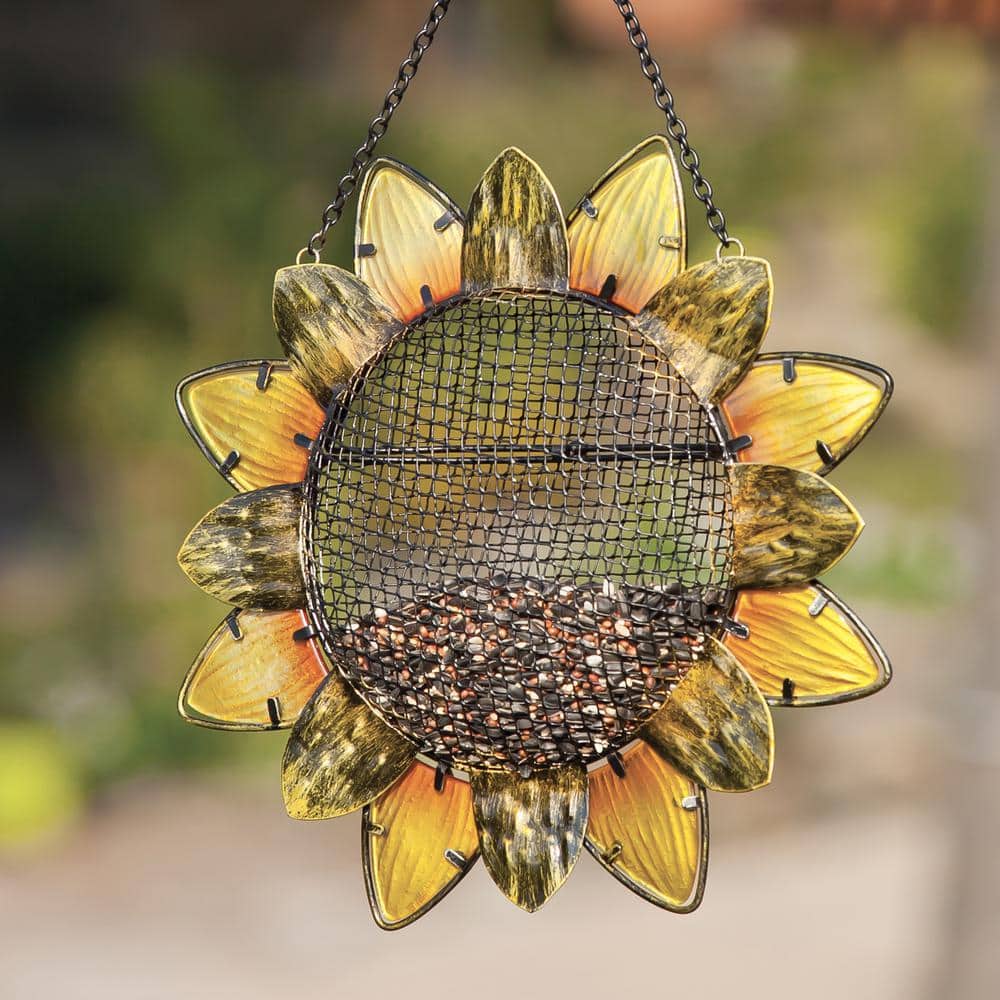 Yellow and Orange Glass and Metal Sunflower Hanging Bird Feeder