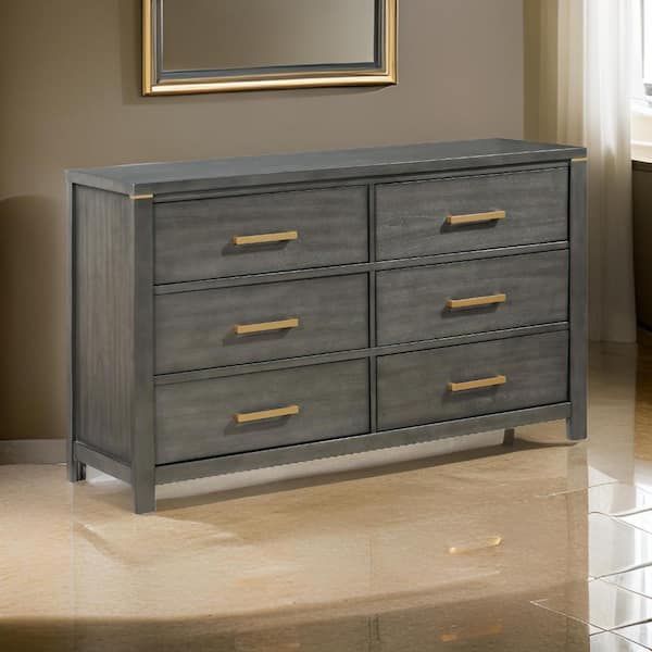 Benjara Gray and Brass 6-Drawers 62.25 in. Dresser Without Mirror