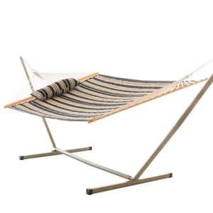 11 ft. Quilted 1-Person Hammock with Stand and Detachable Pillow, Beige and Black Stripe
