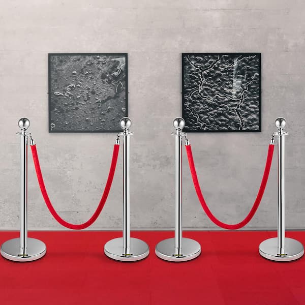 Crowd Control Stanchion 4.9 ft. Red Velvet Ropes barriers 4-Pieces Stainless Steel Stanchion Posts Queue, Silver
