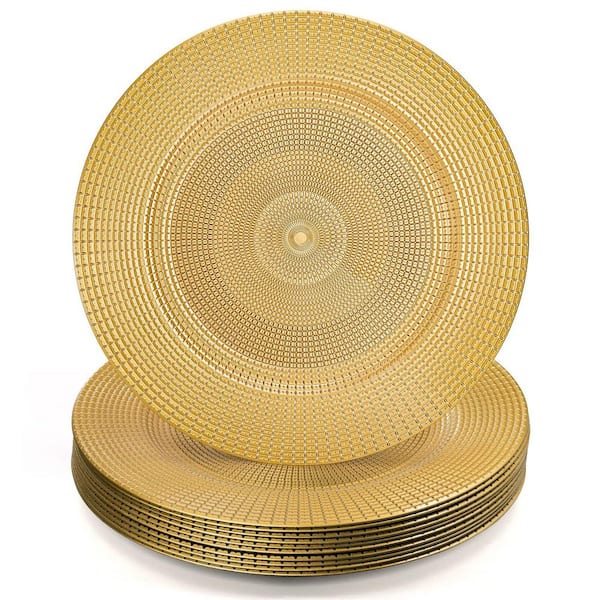 12 Pack Gold Charger Plates for Dinner, 13 in. Round Plastic Chain Shaped Charger Service Plates, Decorative Chargers